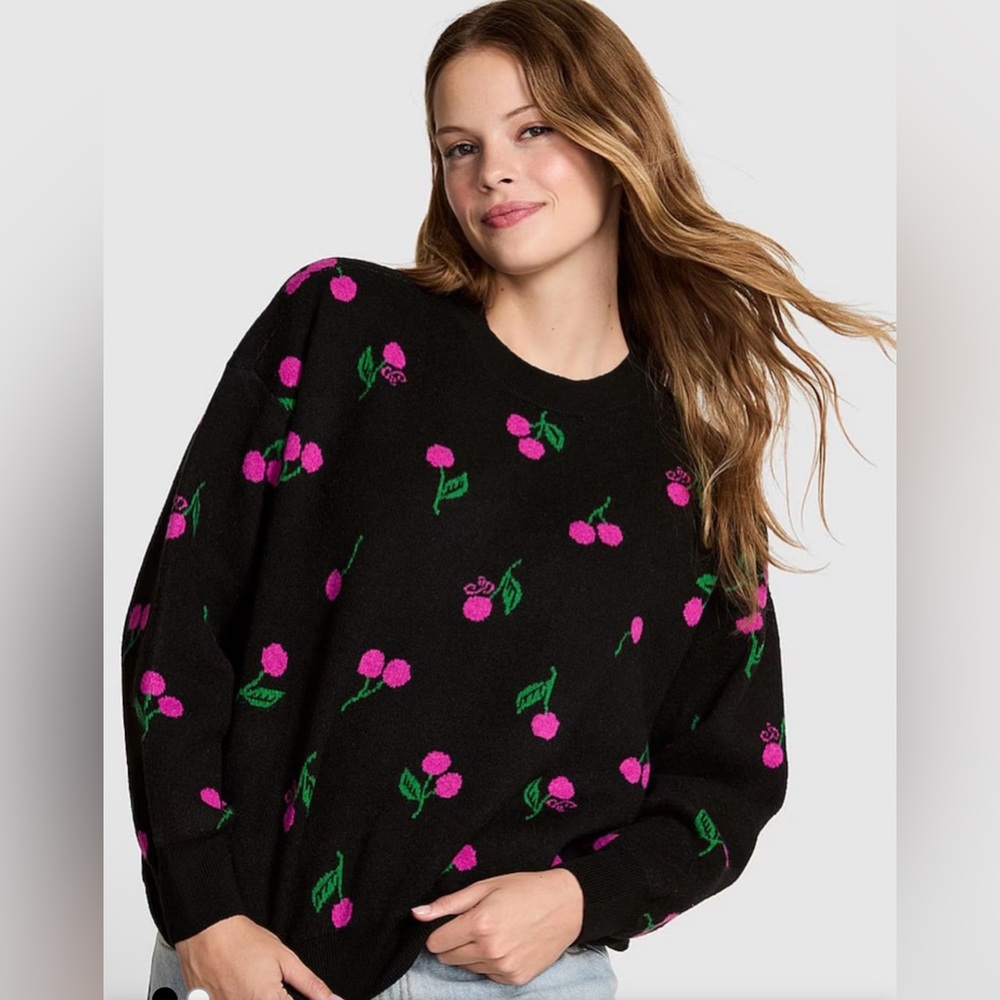 Victoria’s Secret Pink Black Cherry Print Oversized Sweatshirt S NWT